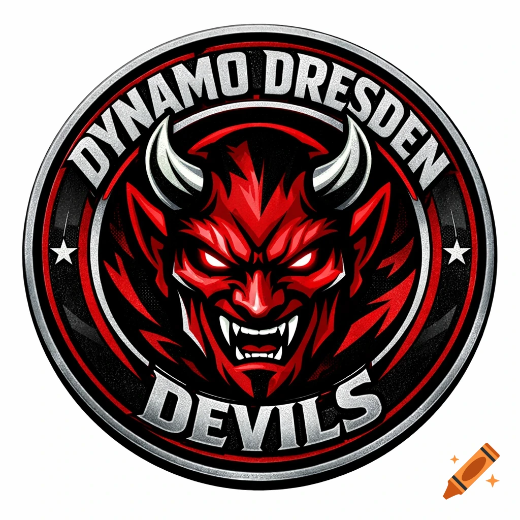 A circular red, black, and silver sports logo featuring a stylized red devil head with horns and glowing eyes, with 'Dynamo Dresden' and 'Devils' text.