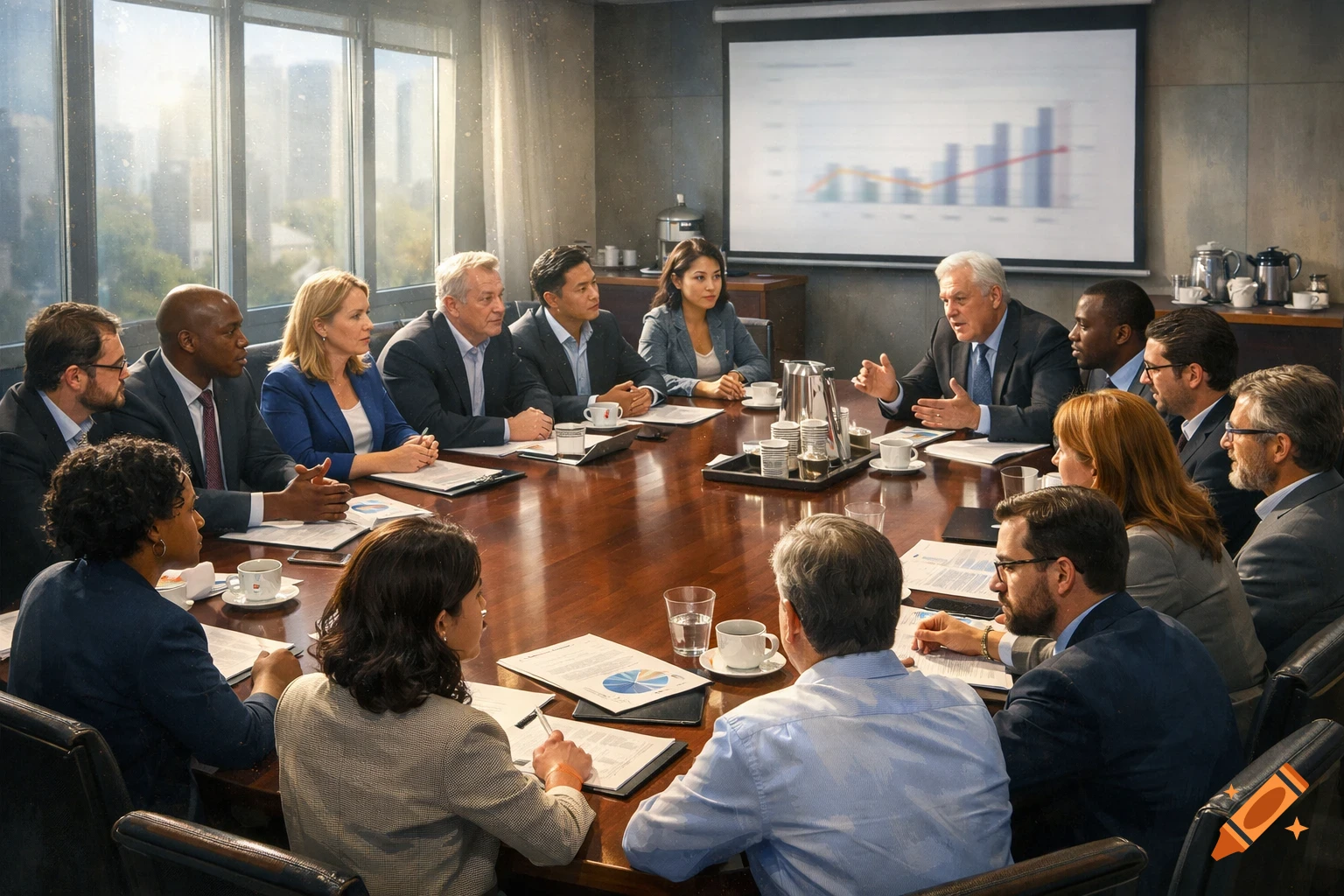 A diverse group of professionals sits around a large wooden conference table in a sunlit room overlooking a city, with one man speaking animatedly.