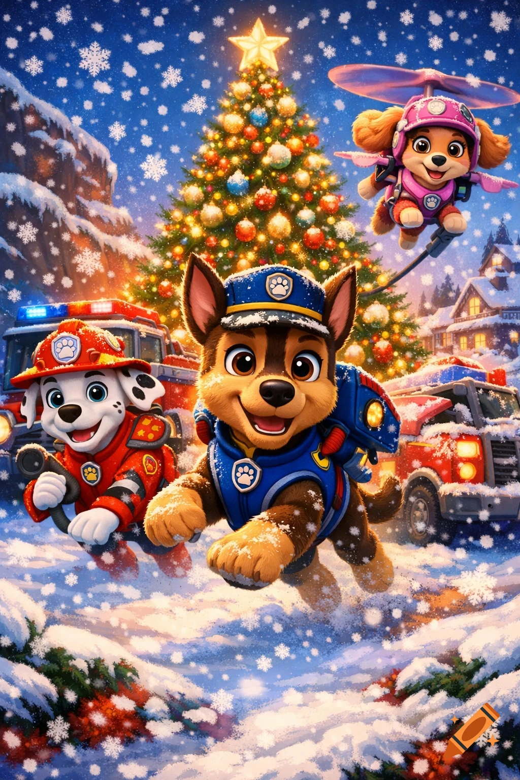 Paw Patrol's Marshall, Chase, and Skye celebrate Christmas in a snowy landscape with a decorated tree, fire truck, and police vehicle.