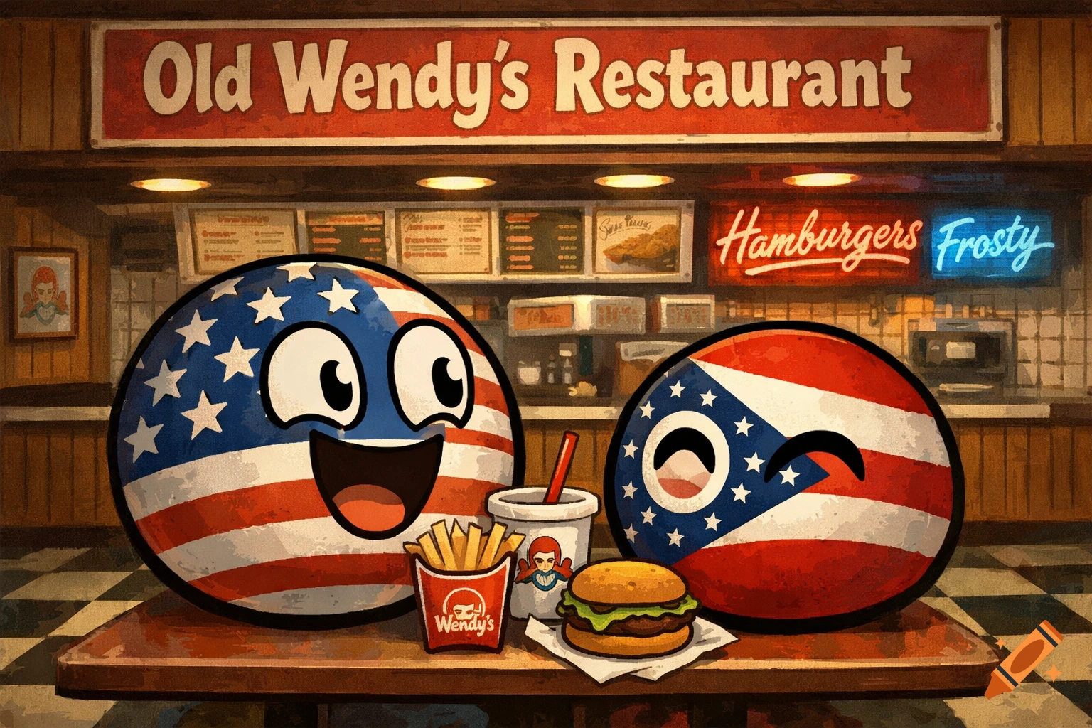 Cartoon USABall and Ohio countryball characters at Old Wendy's Restaurant, with fries, a drink, and a hamburger on the table.