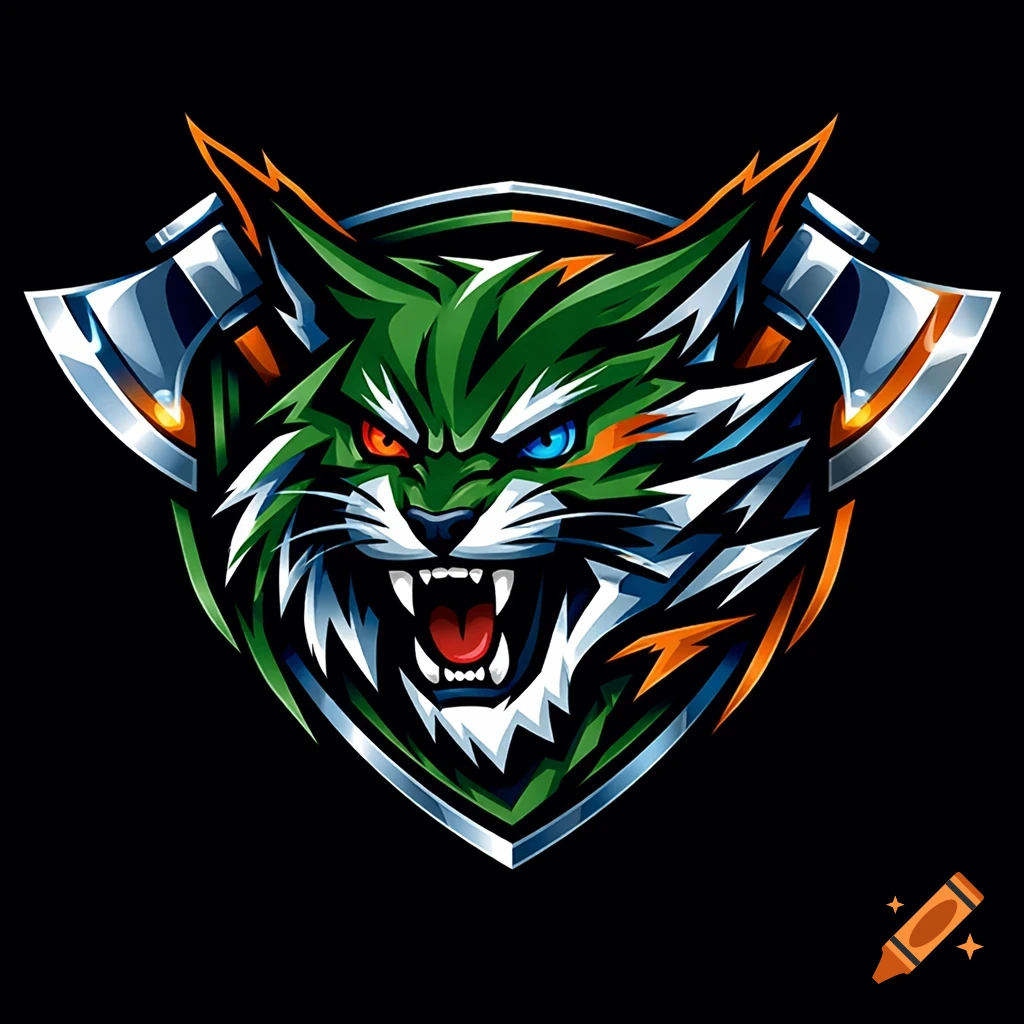 Stylized aggressive green and white wildcat head mascot logo with sharp teeth, mismatched red and blue eyes, and two axes behind it.