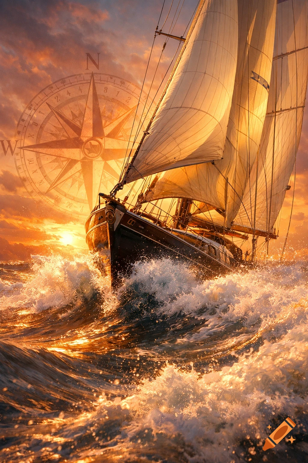 A sailing yacht cuts through golden waves at sunset, with a compass rose subtly overlaid in the sky. Photorealistic style.