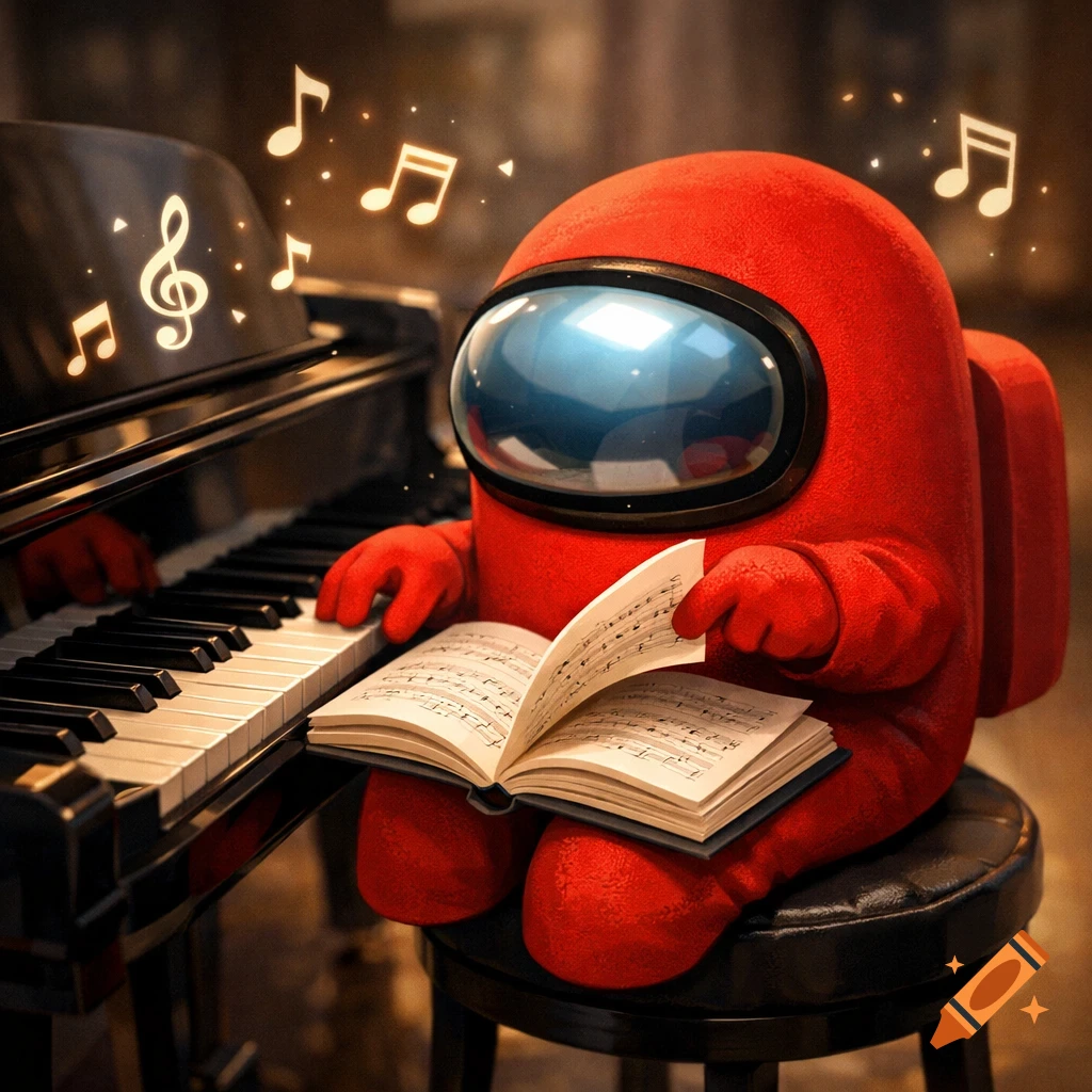 A red Among Us crewmate sits at a black grand piano, reading sheet music and playing keys as musical notes float around.