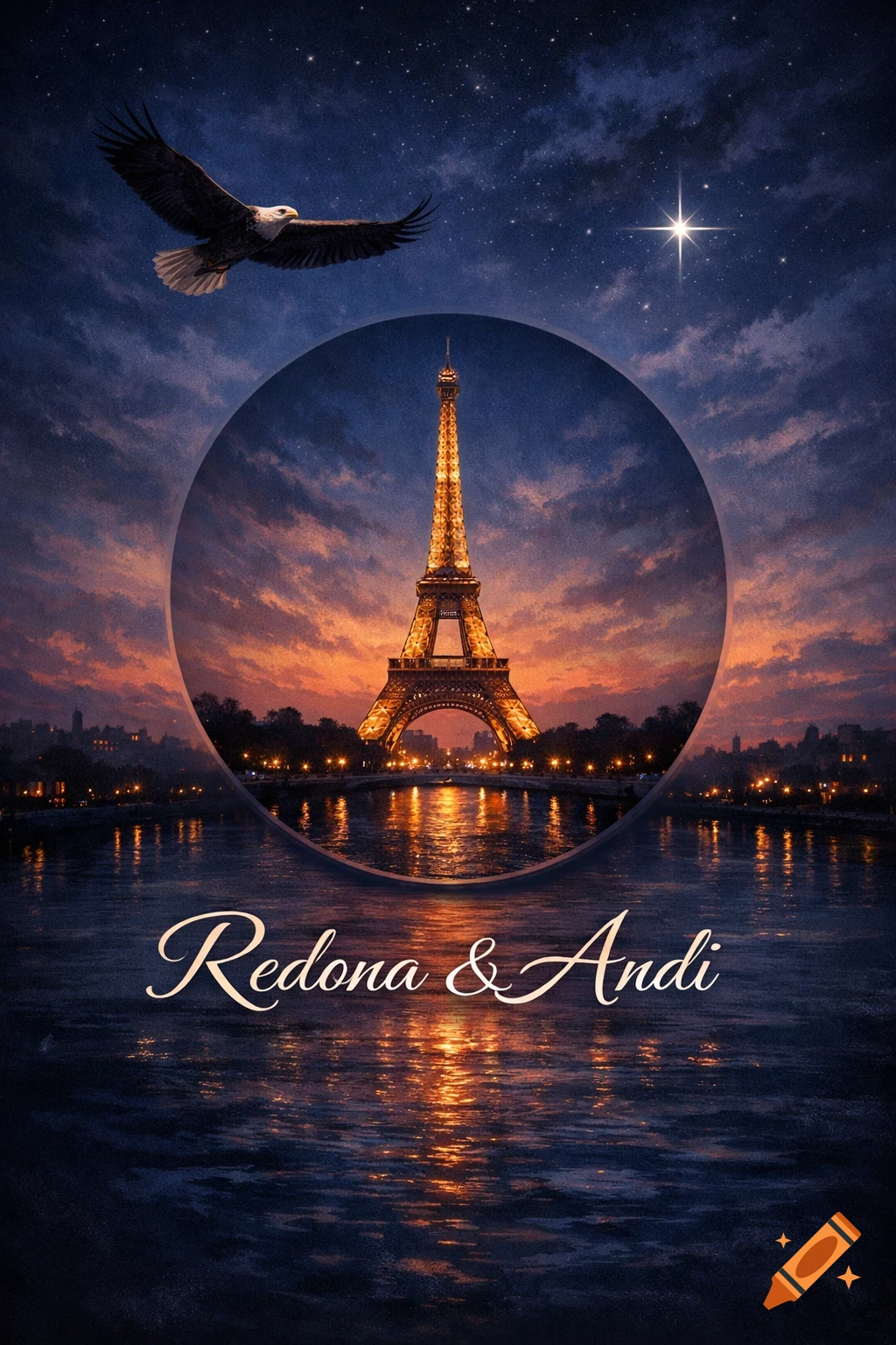 Eiffel Tower in a circle over a river at sunset. An eagle and a star are in the starry night sky. Text reads 'Redona & Andi'.