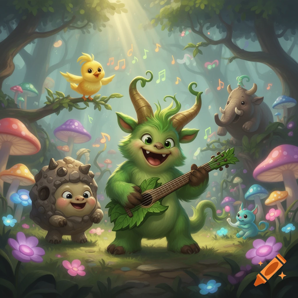 A cheerful green horned monster plays a leaf guitar with friends, a spiky creature, yellow bird, and elephant, in a whimsical fantasy forest.