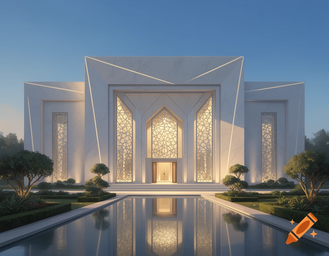 A grand, white modern mosque with geometric patterns, reflected in a tranquil pool surrounded by gardens.