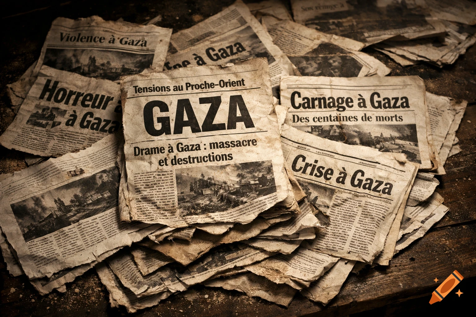A dark, vintage-style image of old, crumpled French newspapers with headlines like "Violence à Gaza," "Horreur à Gaza," and "Carnage à Gaza."