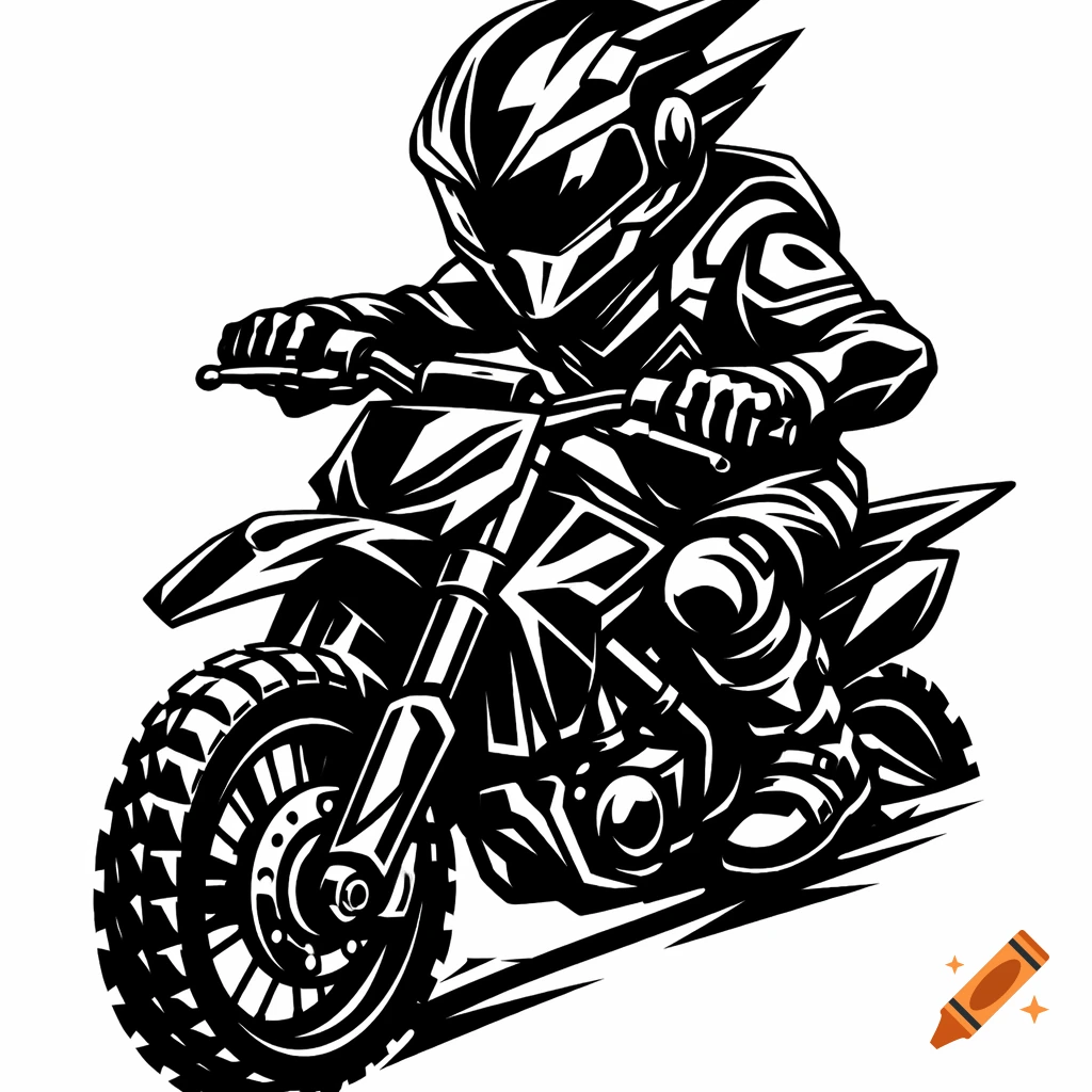 Black and white vector illustration of a stylized motocross rider on a dirt bike, ready for action.