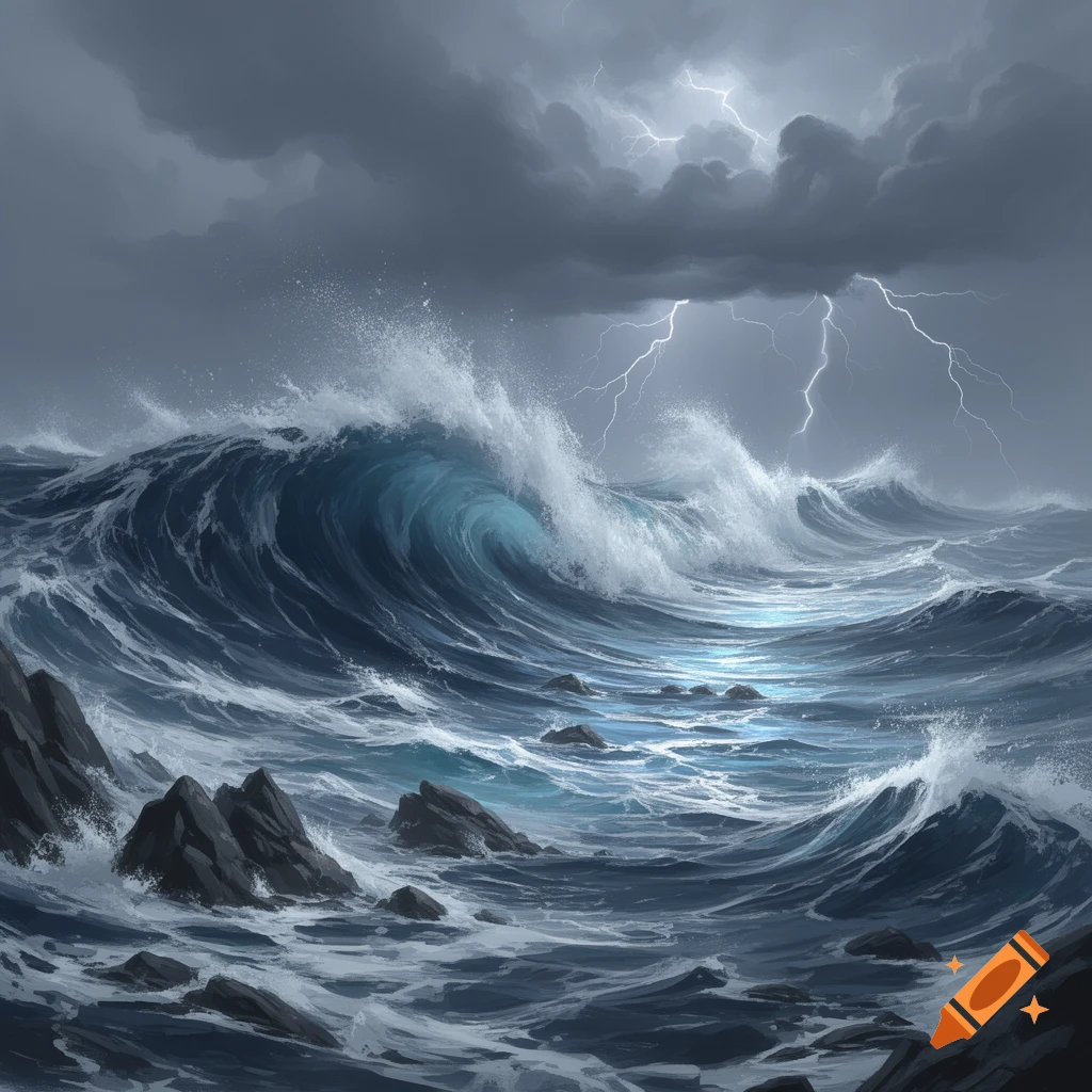 Dramatic illustration of a stormy ocean with crashing waves, dark ...