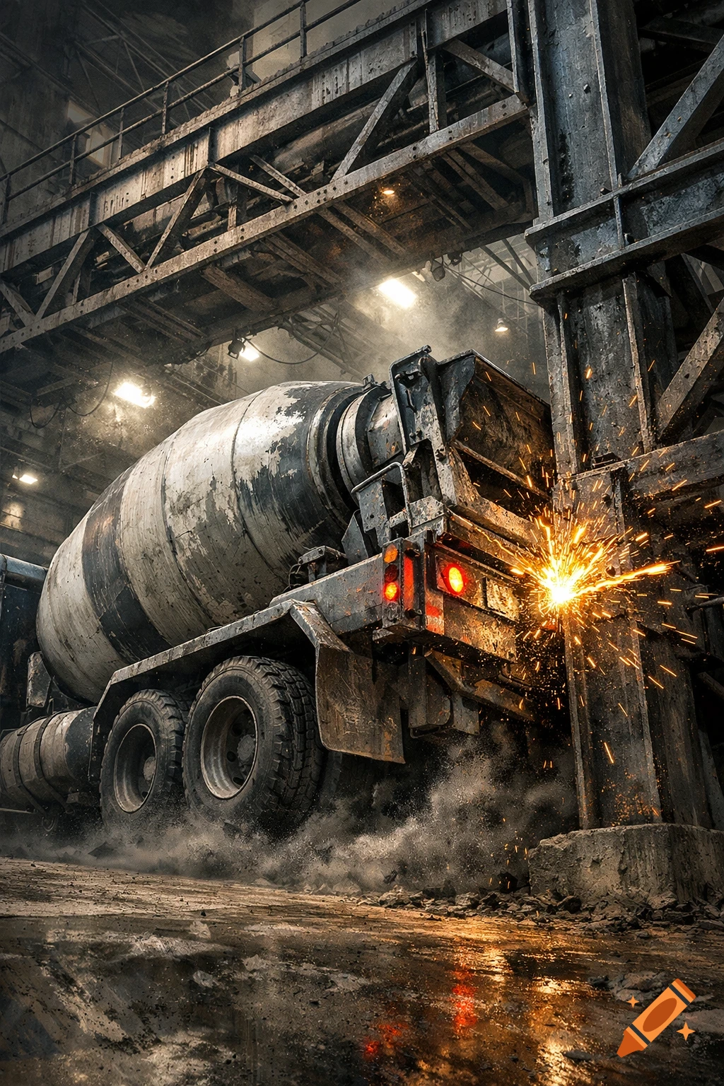 A dirty concrete mixer truck backs into a metal support column in a dusty industrial plant, creating a shower of bright sparks.