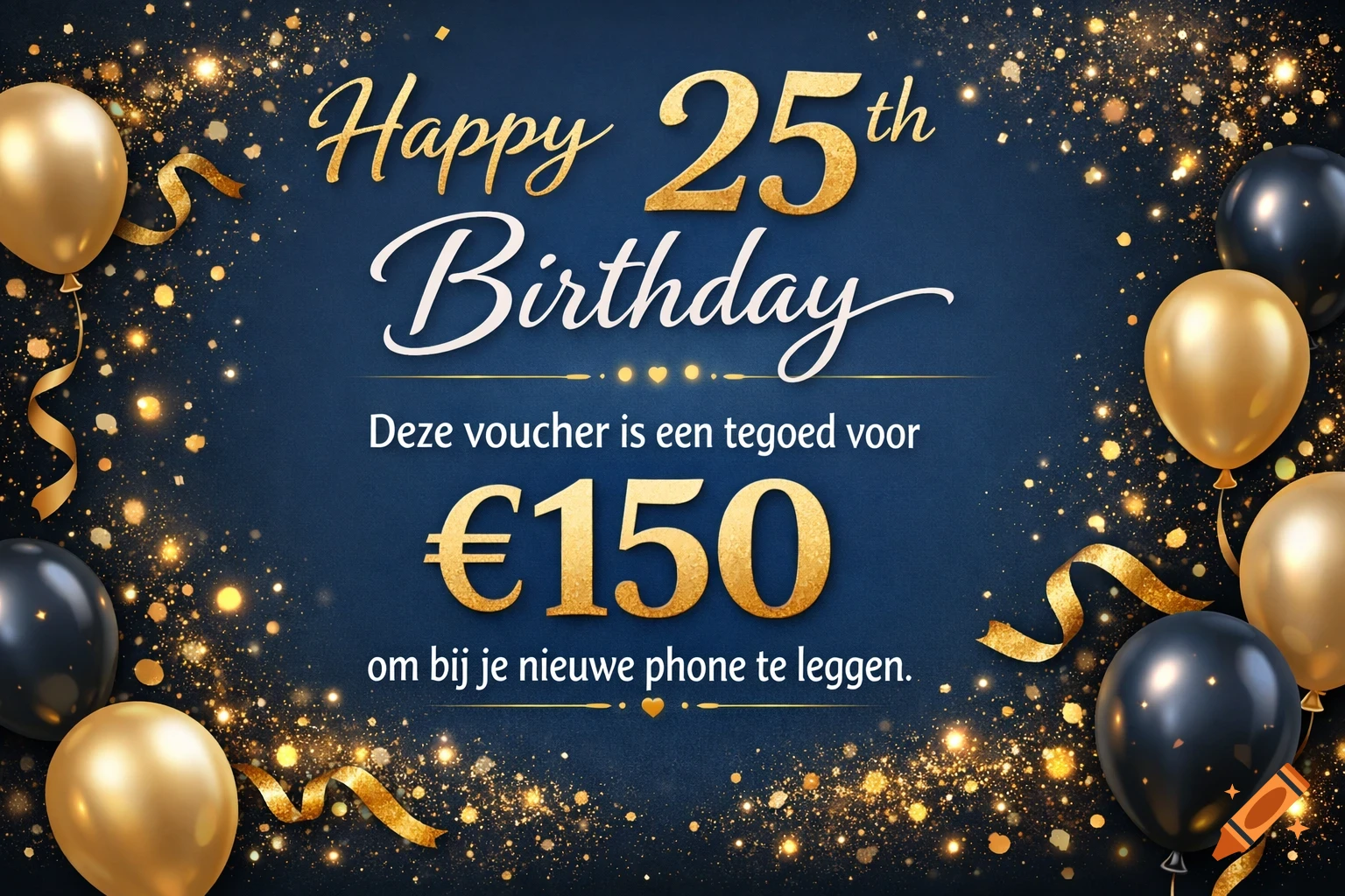 Dark blue birthday voucher with gold and black balloons, glitter, and gold text 'Happy 25th Birthday' and '€150' voucher.
