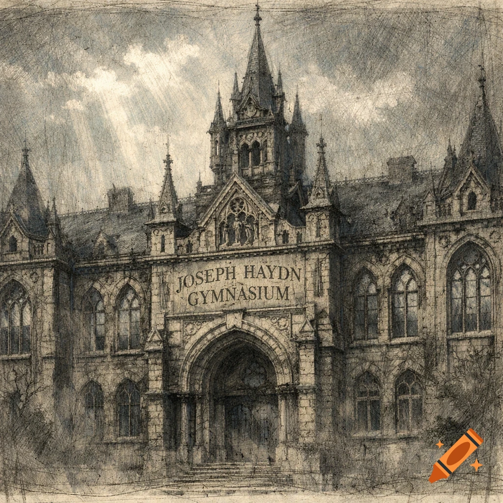 A detailed gothic drawing of the Joseph Haydn Gymnasium, a large stone building with spires and arched windows.