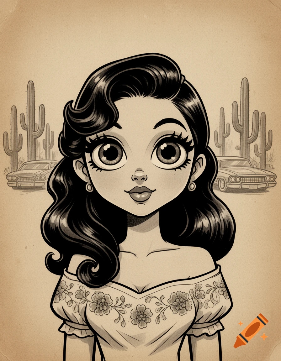 A vintage Chicano cartoon drawing of a big-eyed girl with dark wavy hair and an off-shoulder floral top, flanked by cacti and classic cars.