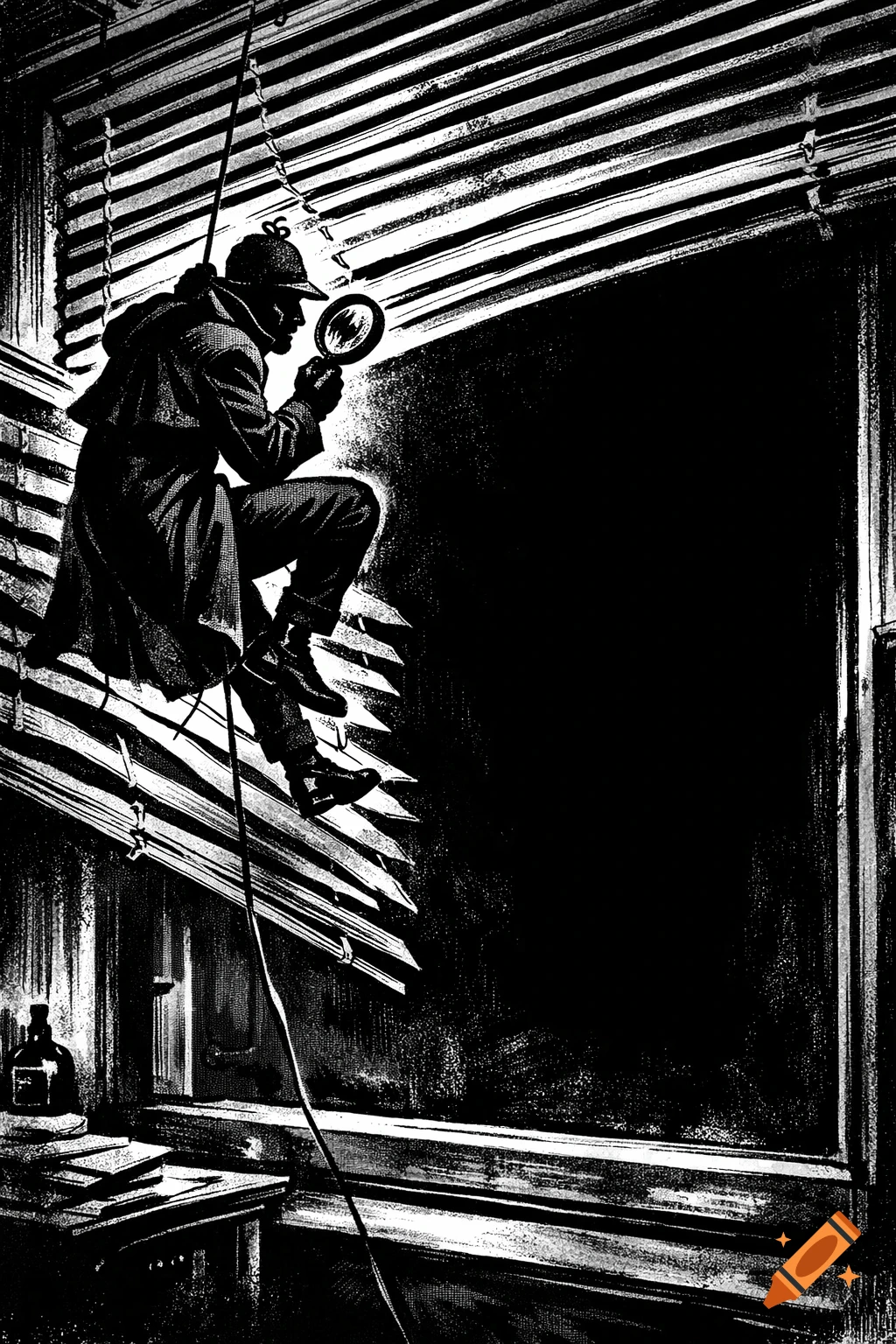 Black and white comic art of a detective rappelling down window blinds, holding a magnifying glass and looking into a dark void.