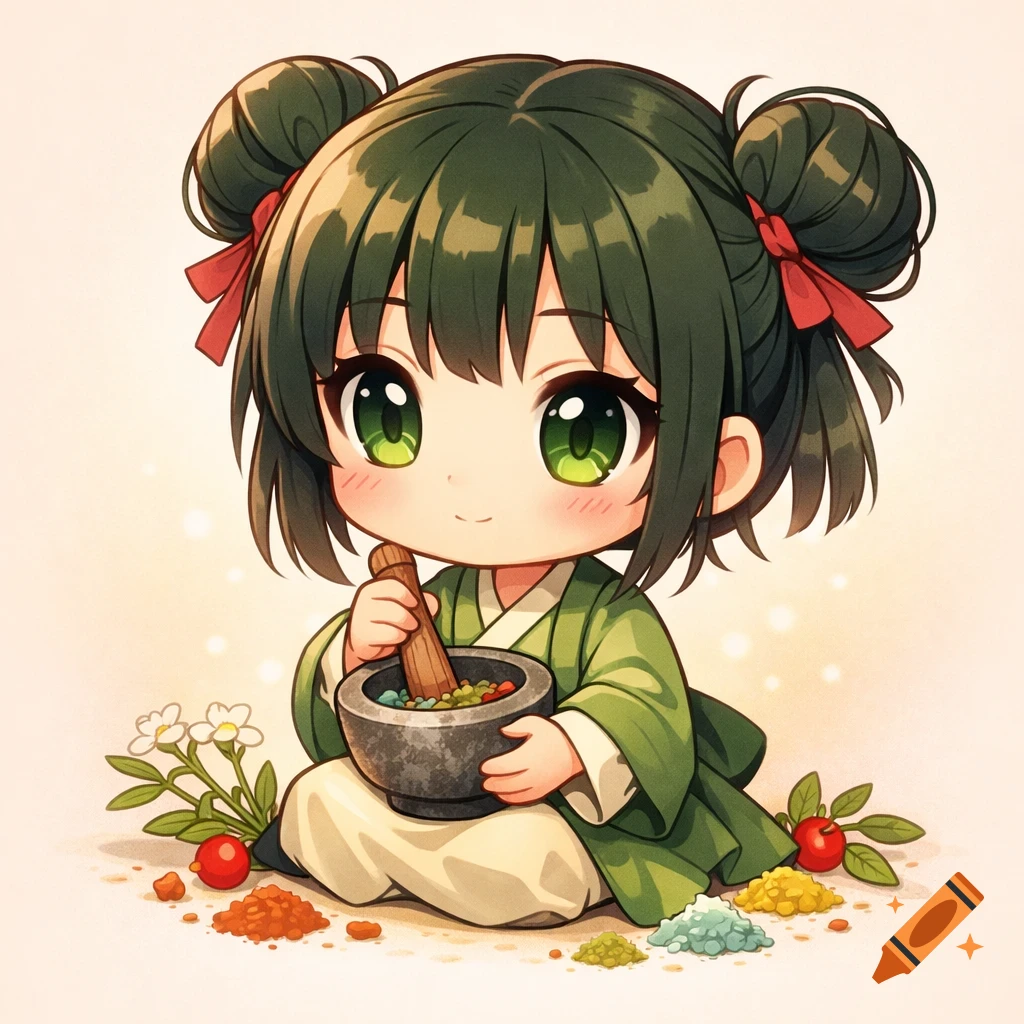 A cute chibi anime girl with green pigtails and red ribbons grinds ingredients in a mortar and pestle.