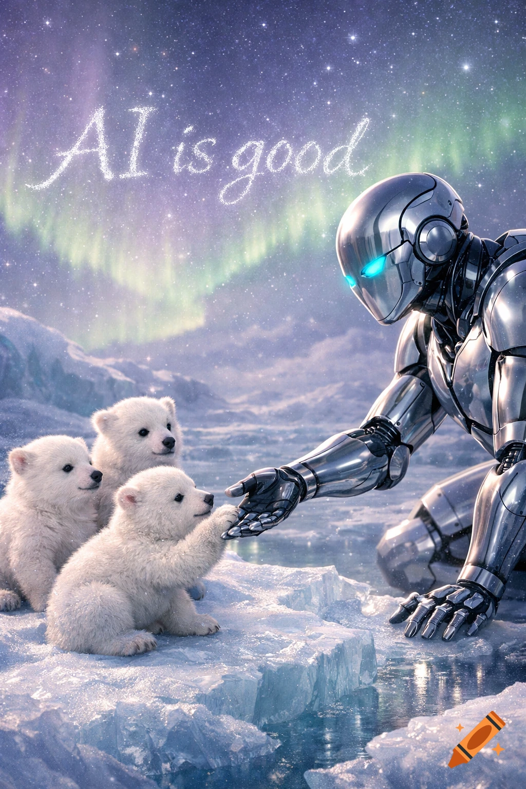 A futuristic robot interacts with three polar bear cubs on icebergs. Aurora borealis and text 'AI is good' glow in the starry sky.