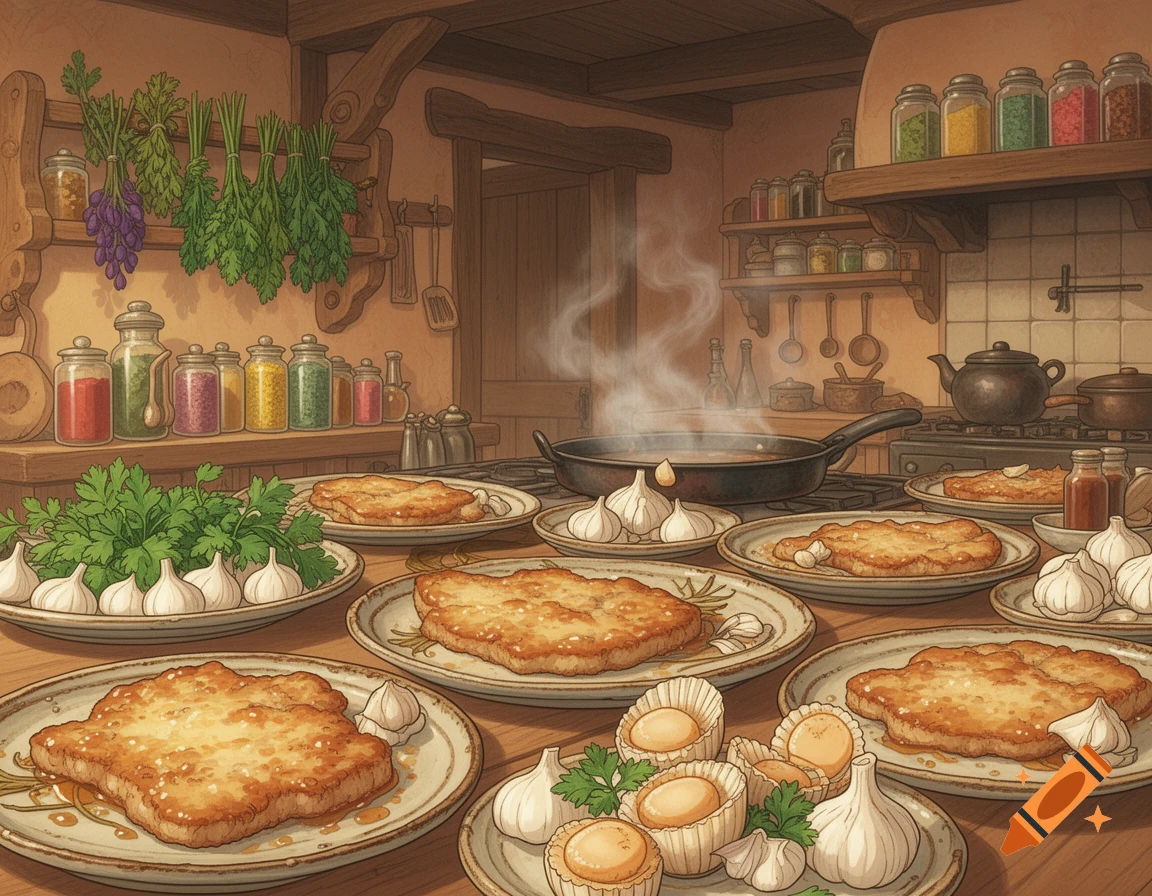 A cozy Studio Ghibli-style kitchen scene with plates of fried cutlets, fresh garlic, herbs, and steaming pans.