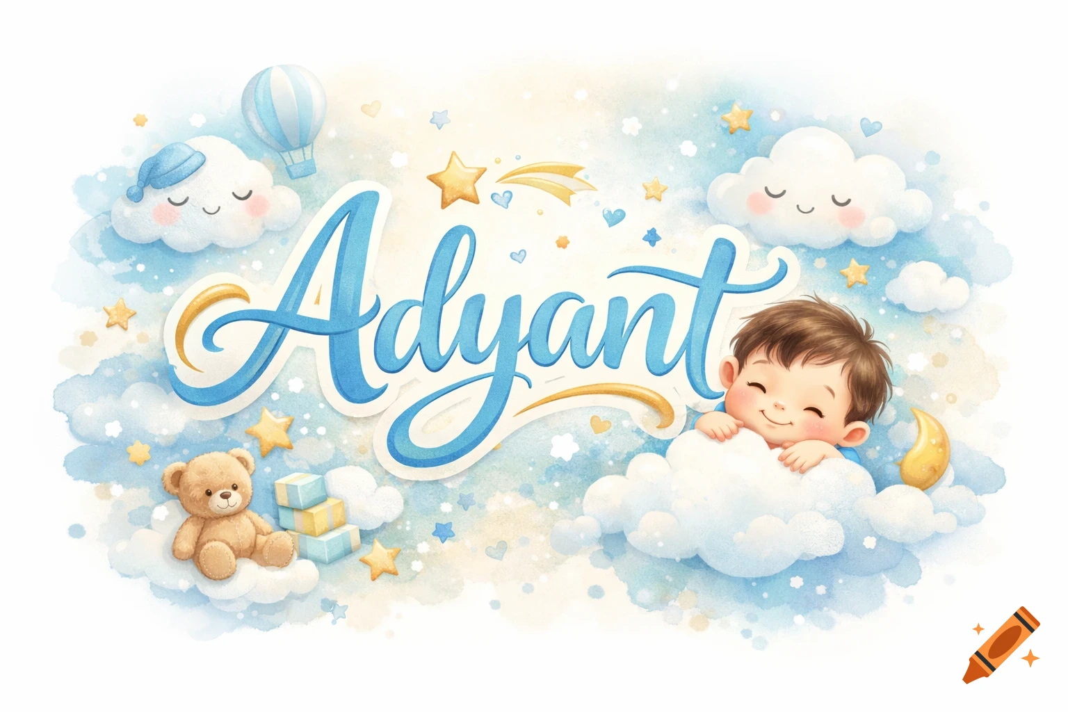 Watercolor illustration of a smiling baby boy on a cloud, with the name 'Adyant' in blue script, surrounded by stars and a teddy bear.