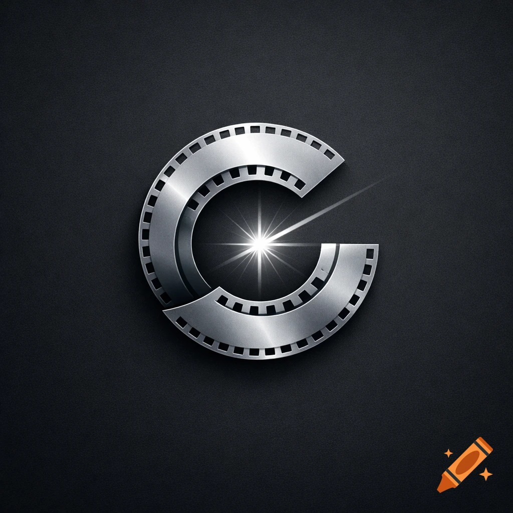A metallic, stylized letter G logo with film reel elements and a central starburst on a dark background.