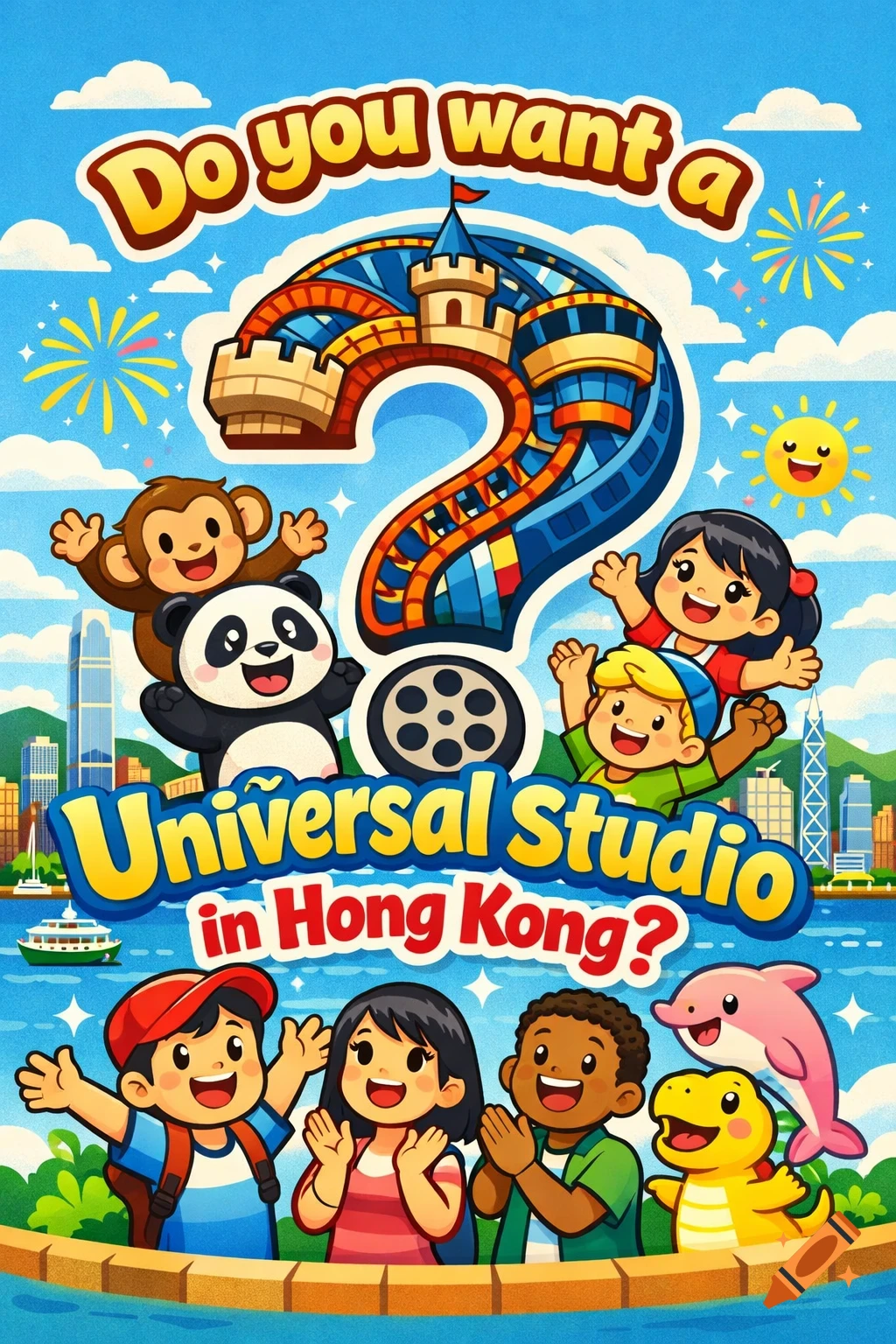 Vibrant cartoon poster asking 'Do you want a Universal Studio in Hong Kong?' with happy children, animals, and a castle-roller coaster.