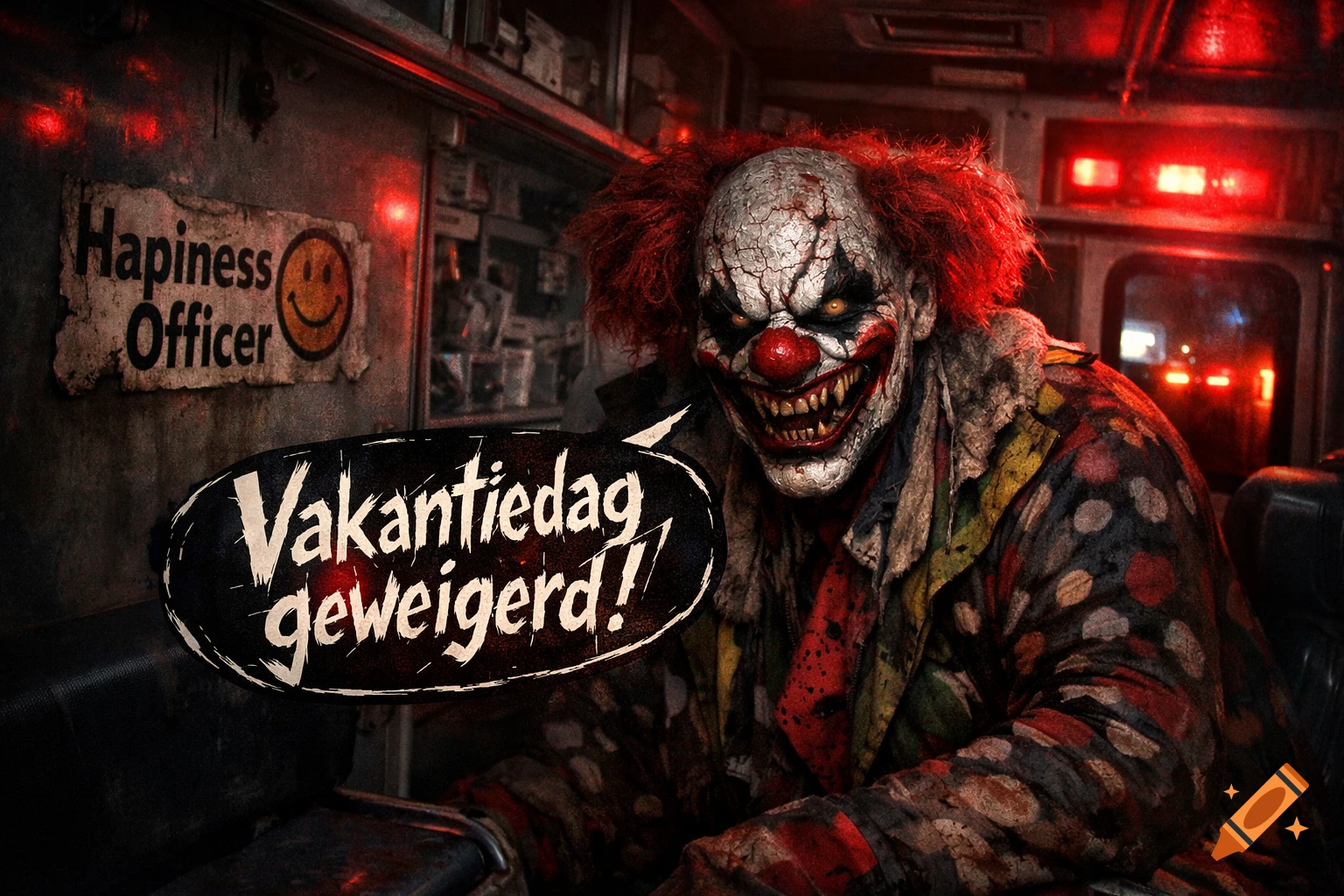 A terrifying, malicious clown with red frizzy hair, a cracked white face, and sharp teeth grins in an ambulance, holding a speech bubble that says "Vakantiedag geweigerd!" A sign on the wall reads "Hapiness Officer."