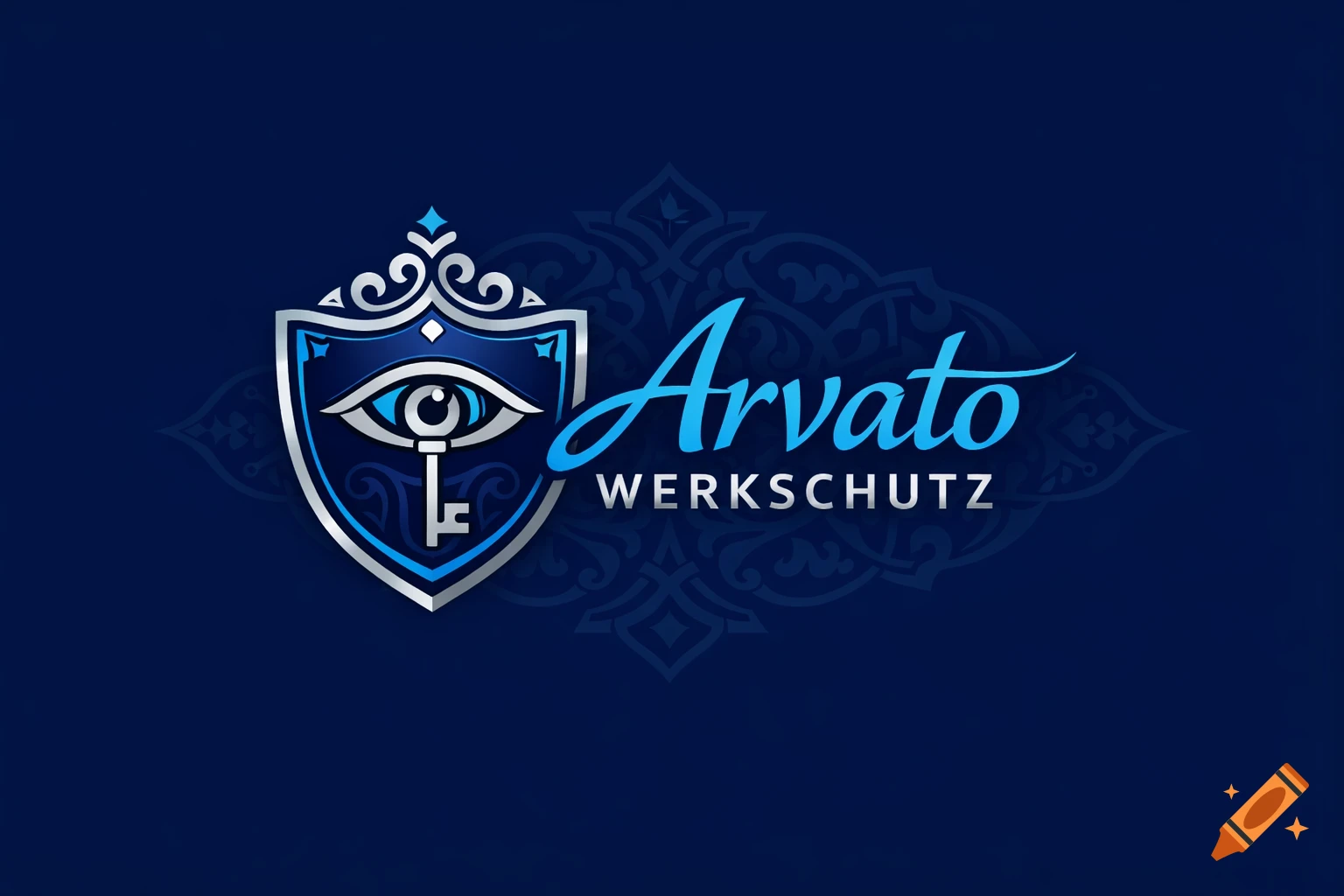 A blue and silver logo for Arvato WERKSCHUTZ, featuring a shield with an eye and a key, on a dark blue oriental pattern background.