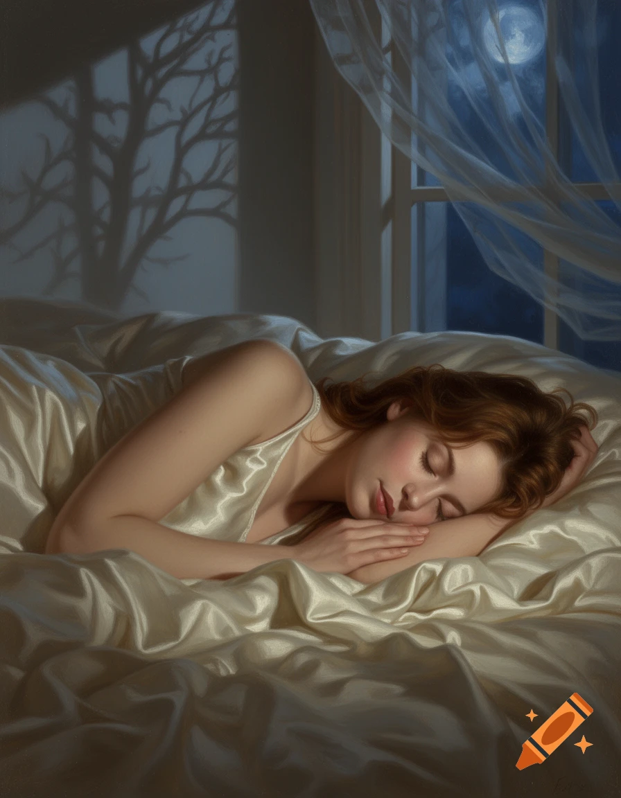 Photorealistic portrait of a woman with red hair sleeping peacefully in a bed, moonlight shines through a window.