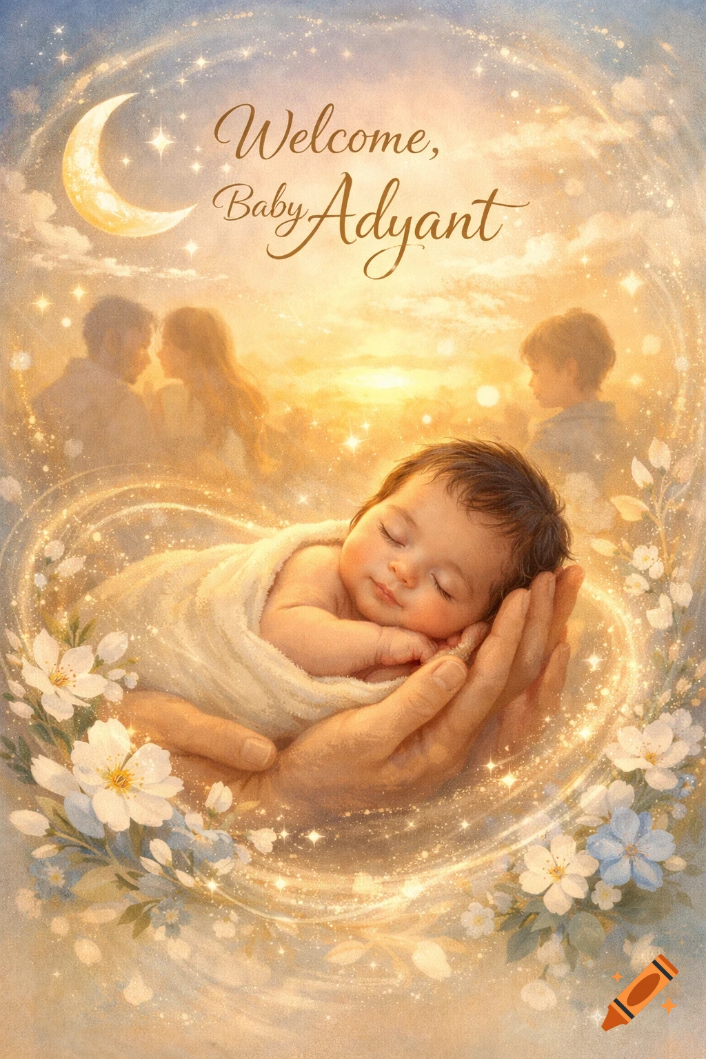A sleeping baby named Adyant, wrapped in a white blanket, held in hands amidst a glowing, celestial scene with flowers and a moon. Text says 'Welcome, Baby Adyant'.