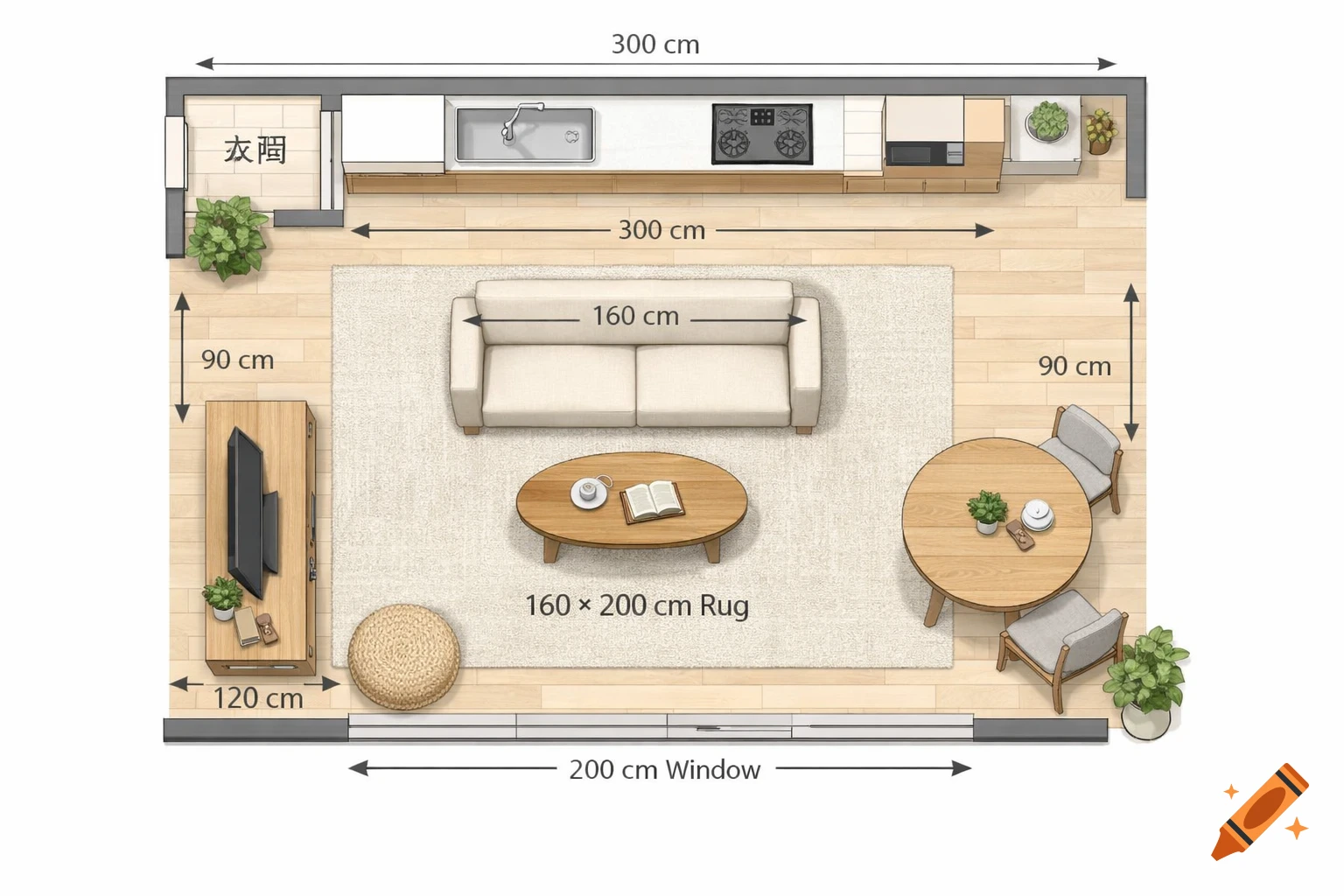 Top-down floor plan of a Scandinavian-style living-dining room with kitchen, sofa, rug, coffee table, TV stand, dining table, and various dimensions in centimeters.