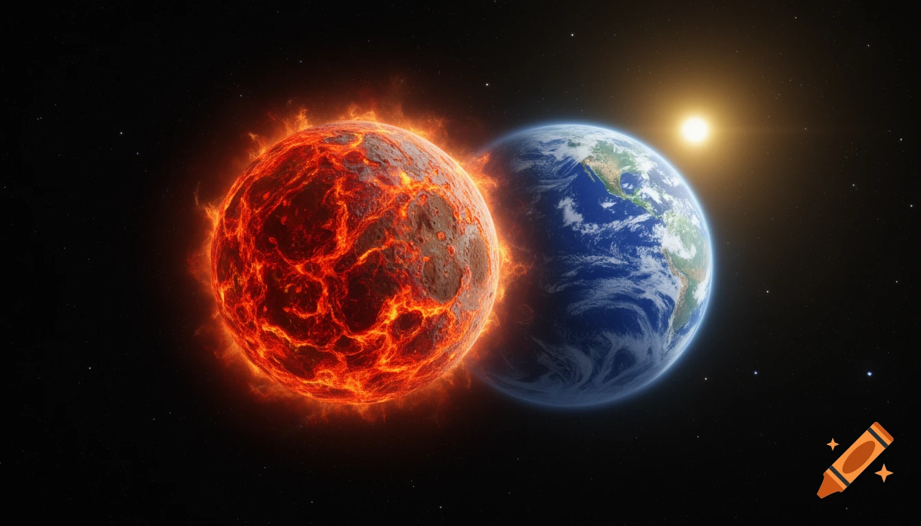 A fiery, molten planet, representing the forming Moon, close to a blue and white Earth in space with a distant sun.