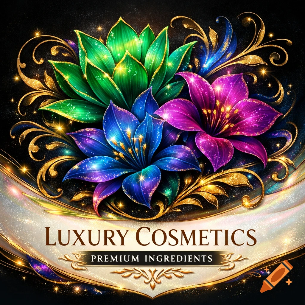 Vibrant, glittering green, blue, and purple flowers with golden swirls above a 'LUXURY COSMETICS' banner.