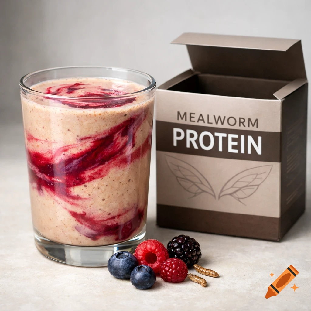 Photorealistic protein shake with berry swirls, fresh blueberries, raspberries, a blackberry, and two mealworms next to an open "MEALWORM PROTEIN" box.