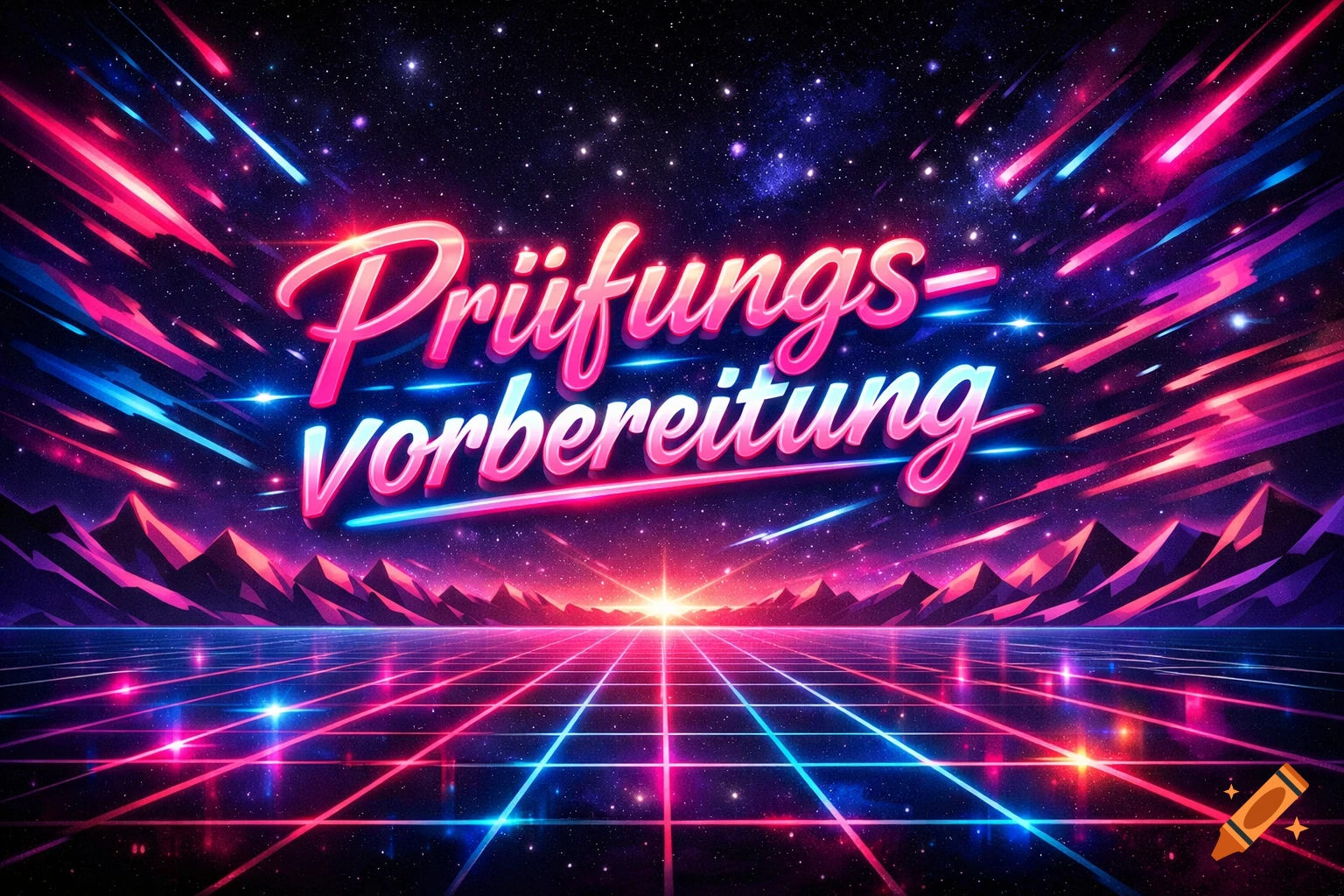 Pink and blue neon text 'Prüfungsvorbereitung' in an 80s retrowave style with a grid floor and starry sky.