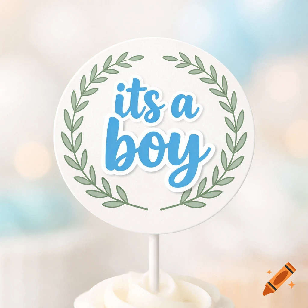A round white cupcake topper reads 'its a boy' in blue text, framed by a green leafy wreath, on a white frosted cupcake.