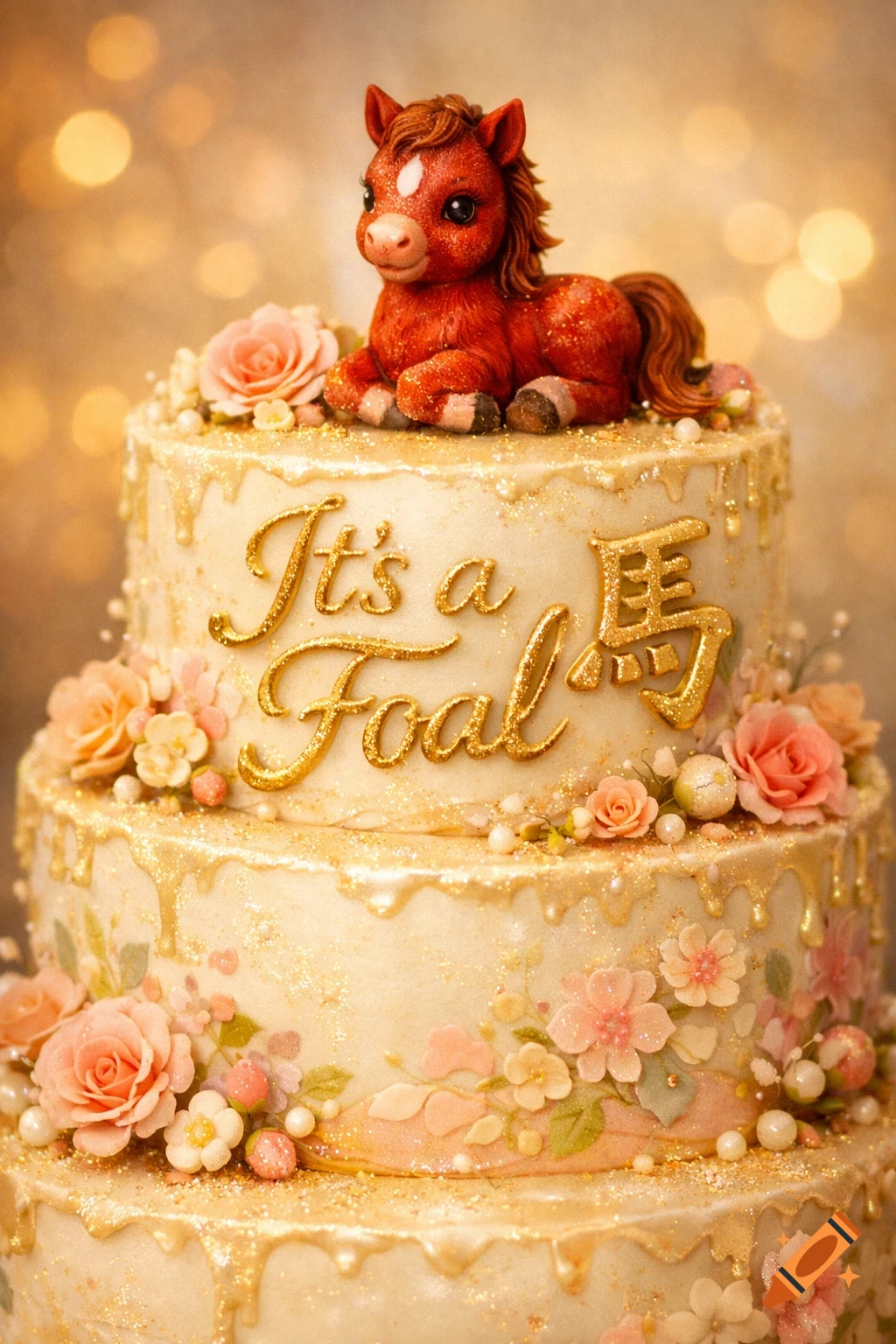 A three-tiered cream cake with gold glitter drips, pink flowers, pearls, and a red horse figurine on top. Gold text says 'It's a Foal' and the Chinese character for horse.