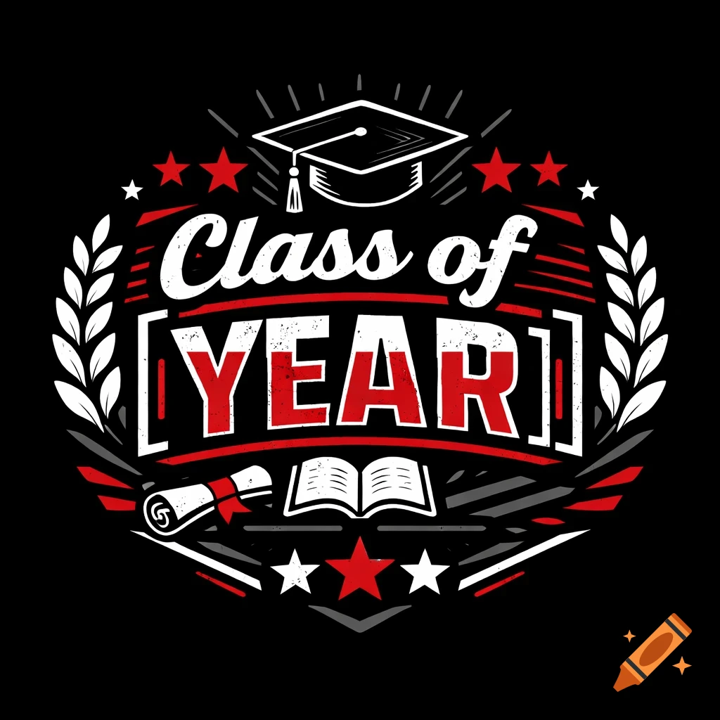 Red and white graduation emblem with 'Class of [YEAR]', a cap, laurel wreaths, stars, diploma, and open book on a black background.