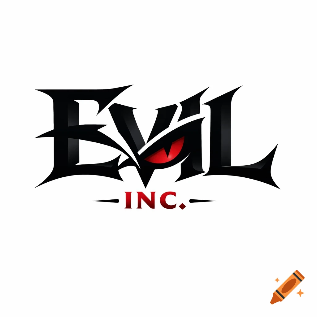 Black and red stylized logo for 'EVIL INC.', with glowing red evil eyes integrated into the 'V' of EVIL.