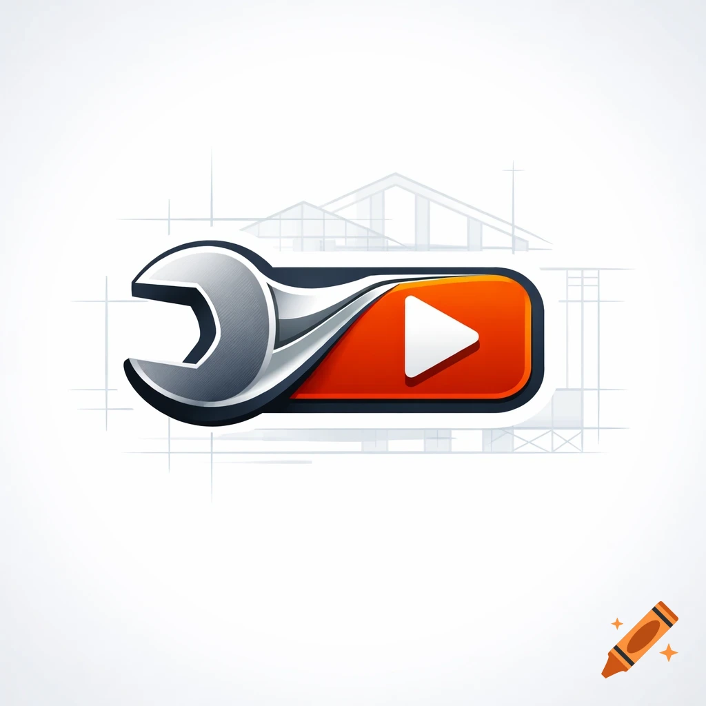 A stylized silver wrench combined with an orange play button, set against a faint architectural blueprint background.