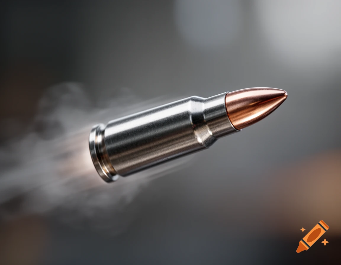 A shiny metallic and copper-tipped bullet in mid-flight, leaving a trail of smoke against a blurred dark background.