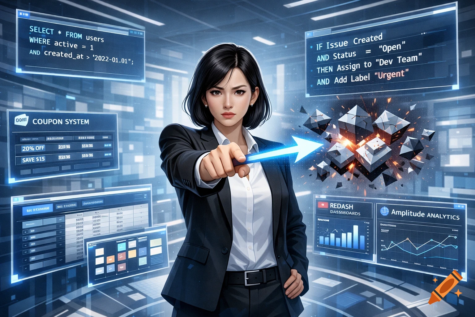 A professional Korean product manager in a suit points a glowing arrow, surrounded by holographic screens displaying SQL queries, dashboards, and data.