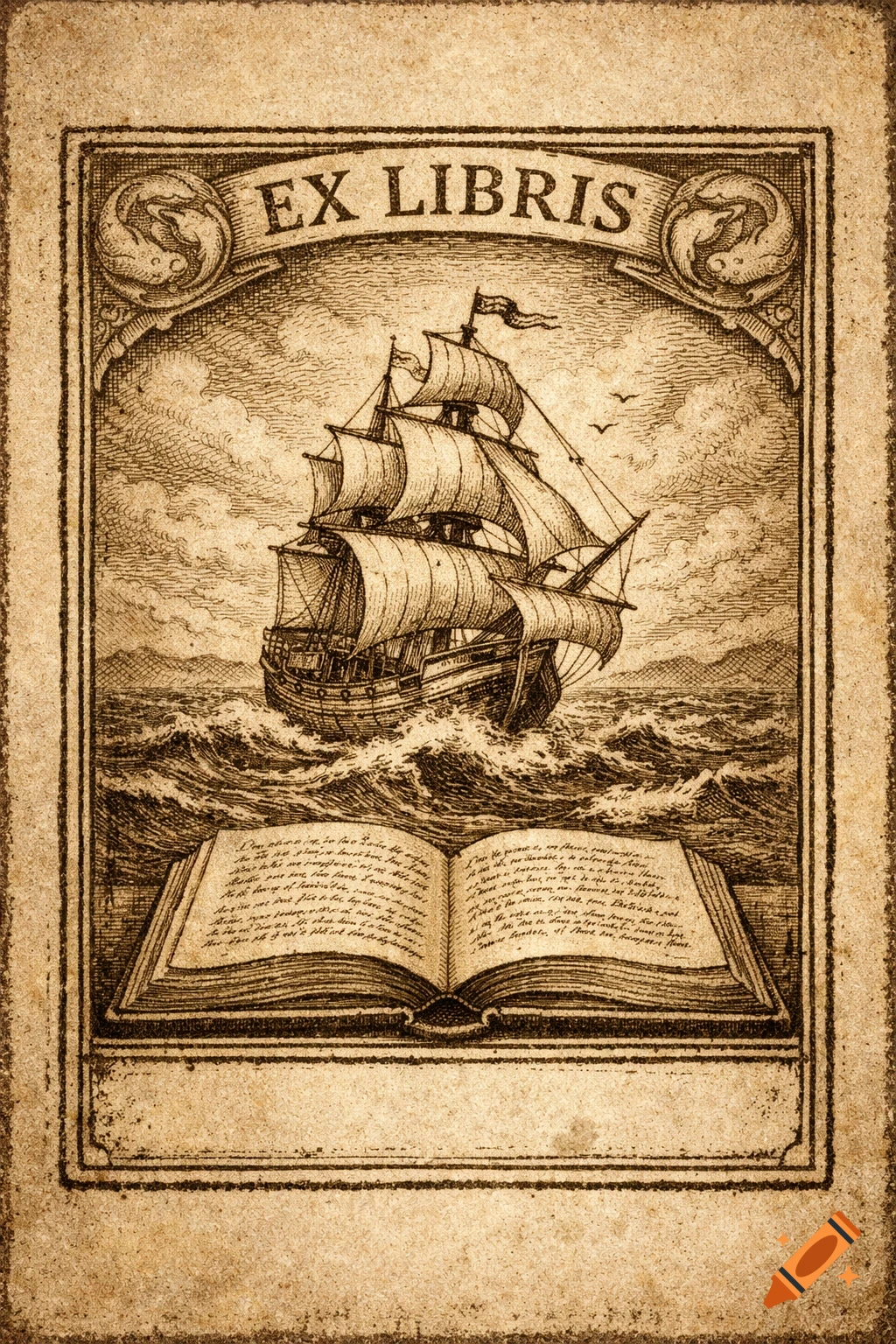Vintage-style engraving of a sailing ship on a stormy sea above an open book, framed by a decorative border with "EX LIBRIS" at the top.