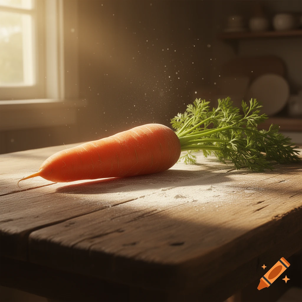 Photorealistic image of a fresh carrot with green leaves lying on a rustic wooden table, illuminated by sunlight through a window.