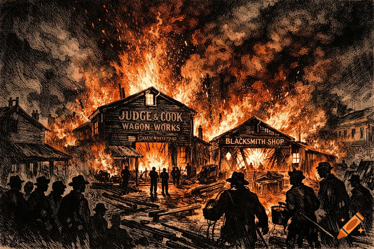 An illustration of Judge & Cook Wagon Works and a Blacksmith Shop consumed by a raging fire, with onlookers watching.