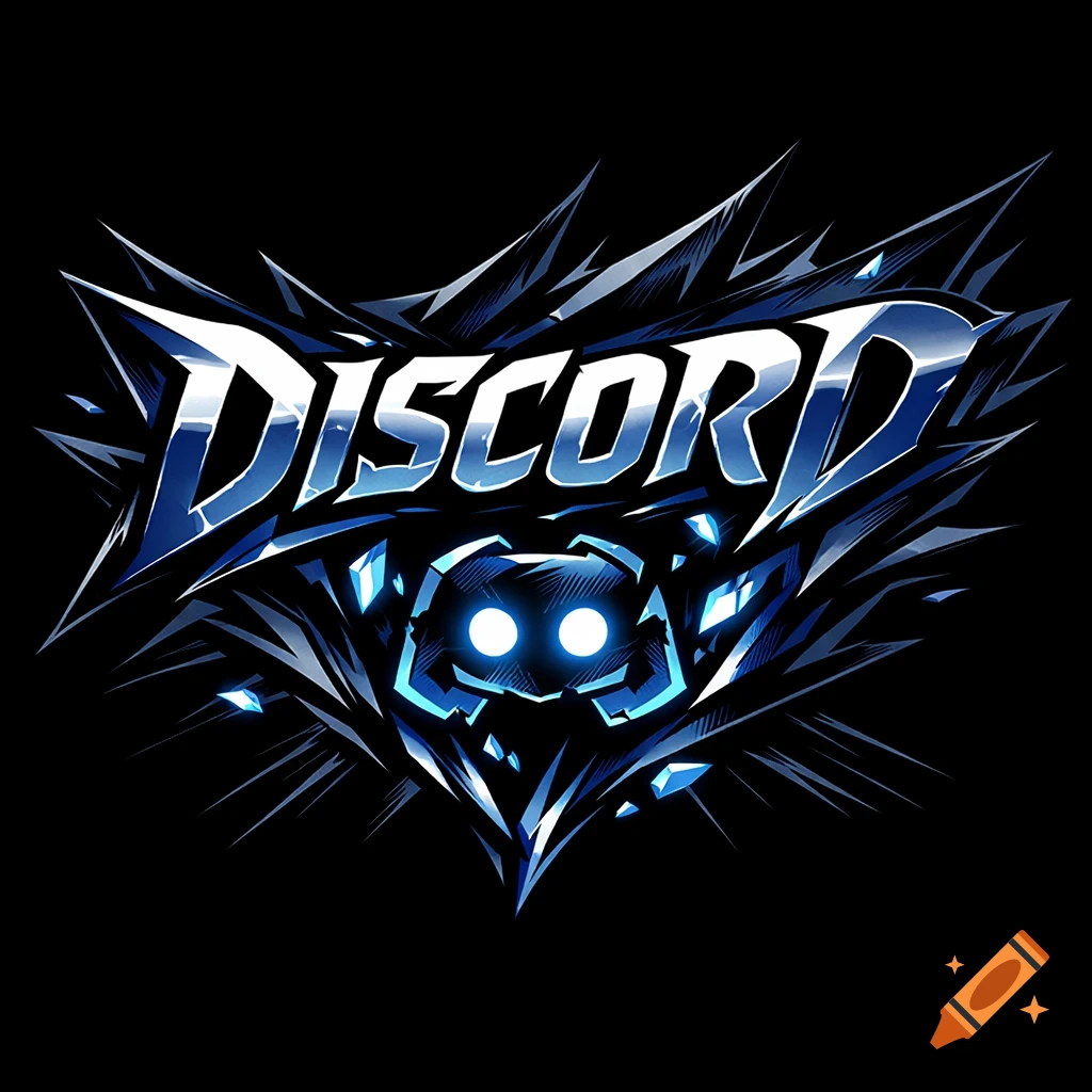 A stylized Discord logo with metallic blue text and icon on a black background, surrounded by sharp, ice-like blue and black spikes.