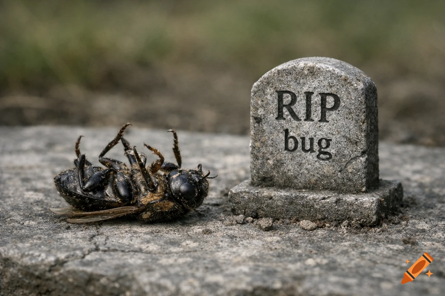 A dead bug lies on its back next to a miniature gravestone that reads 'RIP bug' on a stony surface.