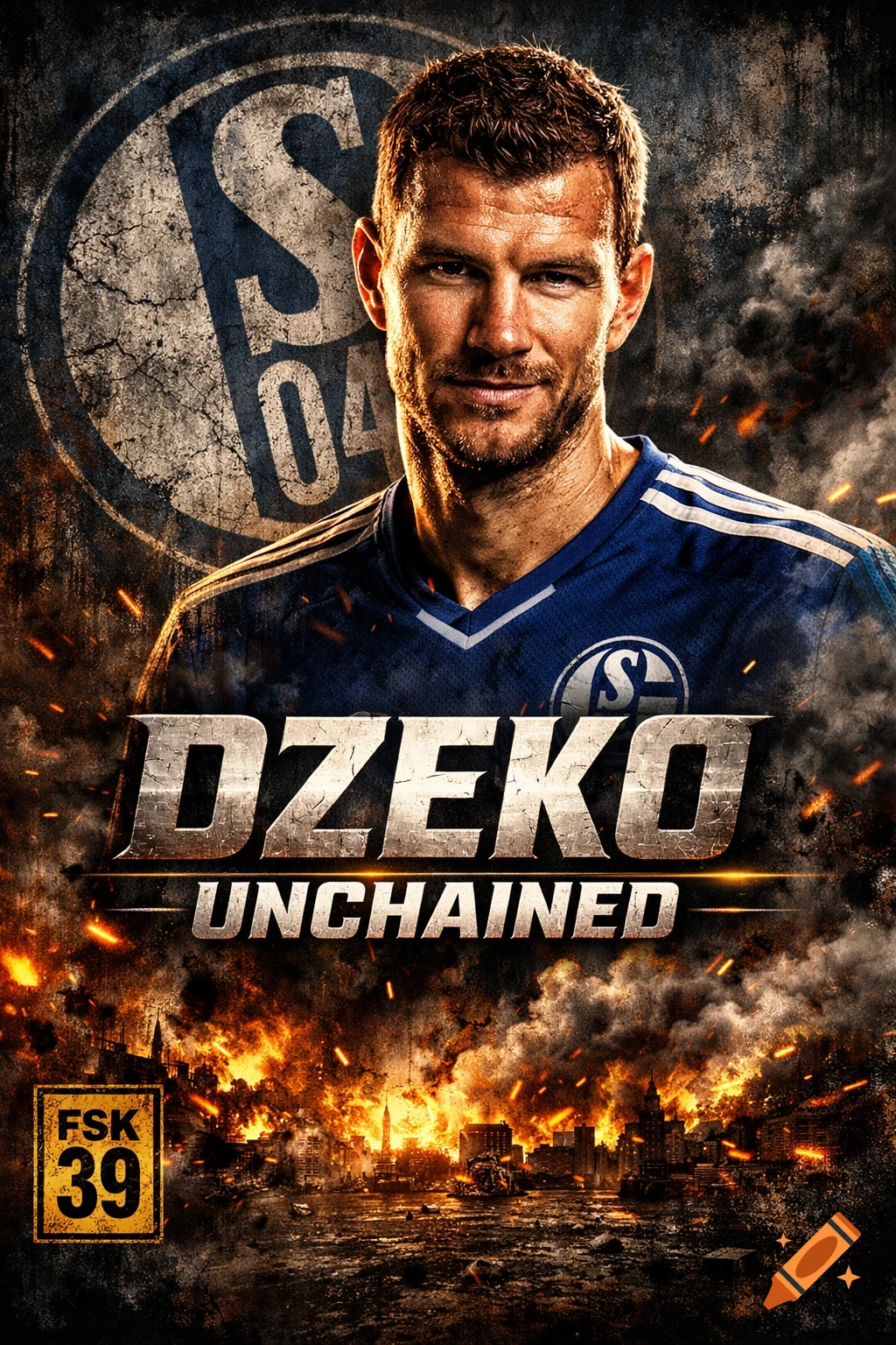 Dramatic movie poster of soccer player Edin Dzeko in a blue jersey, with a distressed Schalke 04 logo, "DZEKO UNCHAINED" text, and a burning city below.