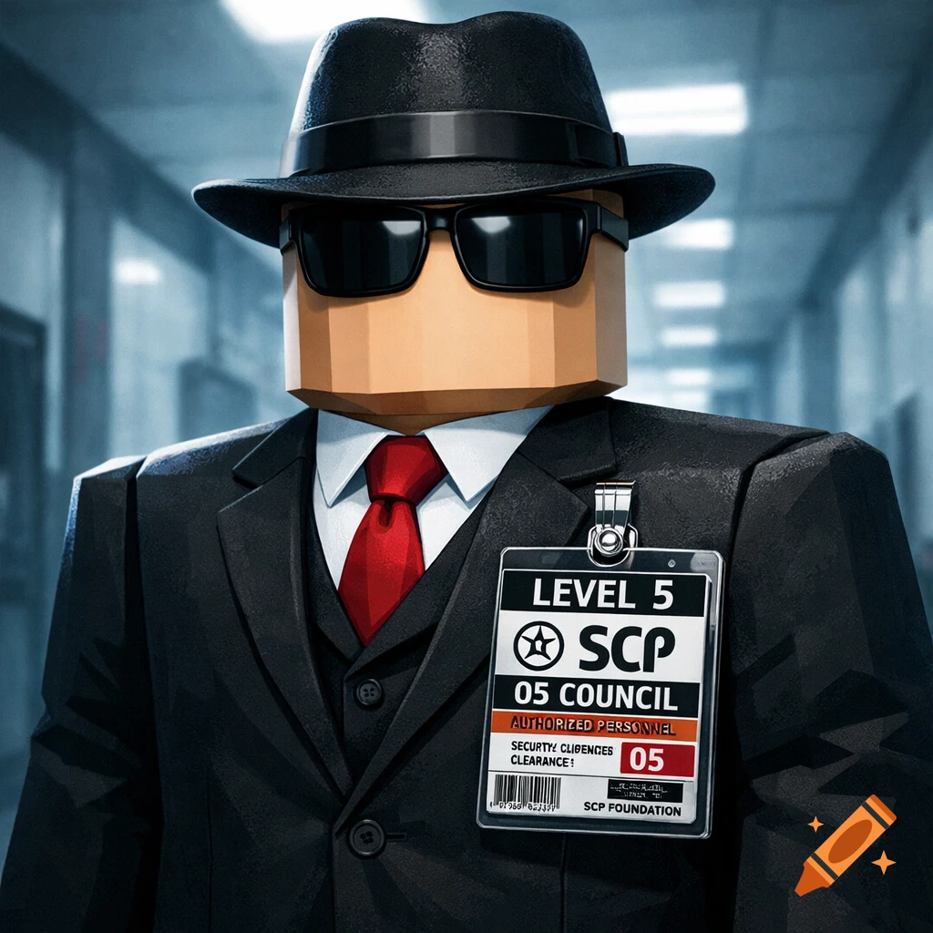 A blocky Roblox-style avatar of a person in a black suit, fedora, and sunglasses, wearing an SCP Foundation Level 5 O5 Council ID badge.