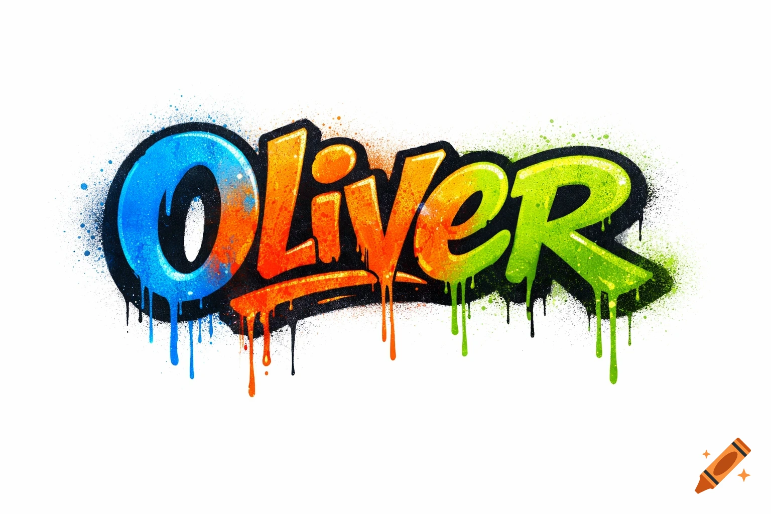 Colorful graffiti-style text spelling 'Oliver' with paint drips and splatters on a white background.