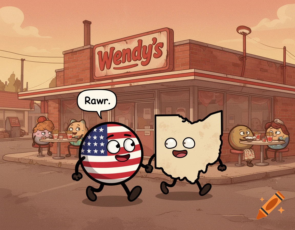 A cartoon USABall and Ohio state map character walk past an old Wendy's restaurant. The USABall says "Rawr".