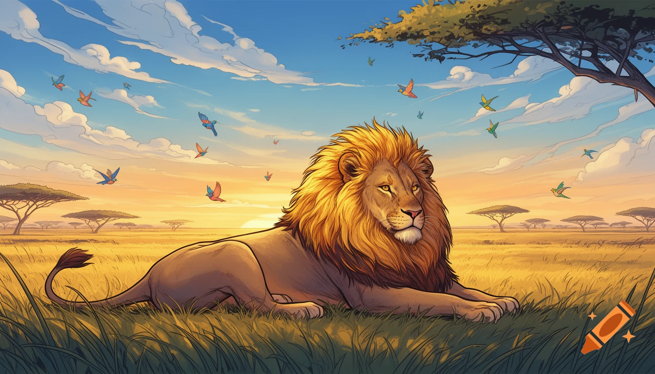 A cartoon illustration of a majestic lion with a golden mane lying in tall grass in a sunny savannah, with birds flying in the sky.